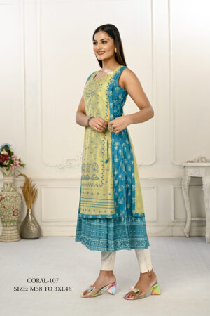 Cotton And Outward Jacket Chanderi Kurti (Liril green & Turquoise)