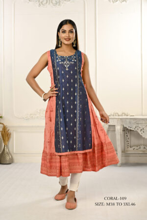 Cotton And Outward Jacket Chanderi Kurti (Blue & Pink)