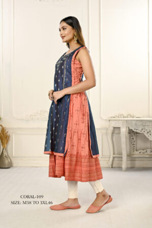 Cotton And Outward Jacket Chanderi Kurti (Blue & Pink)