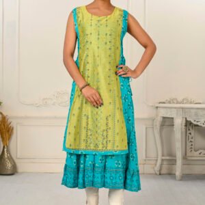 Cotton And Outward Jacket Chanderi Kurti (Liril green & Turquoise)