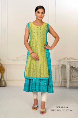 Cotton And Outward Jacket Chanderi Kurti (Liril green & Turquoise)