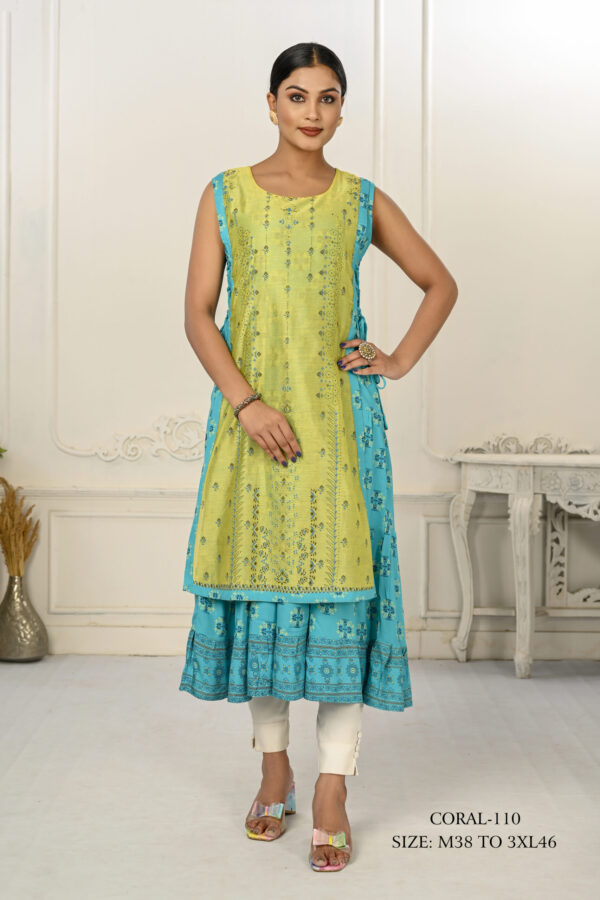 Cotton And Outward Jacket Chanderi Kurti (Liril green & Turquoise)