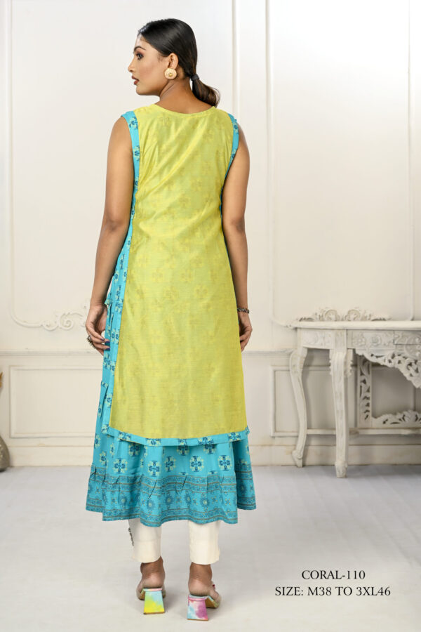 Cotton And Outward Jacket Chanderi Kurti (Liril green & Turquoise)