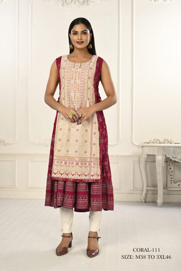 Cotton And Outward Jacket Chanderi Kurti (Cream & Crimson Red)