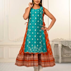 Cotton And Outward Jacket Chanderi Kurti - Turquoise and Orange