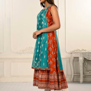 Cotton And Outward Jacket Chanderi Kurti - Turquoise and Orange