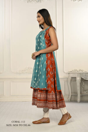 Cotton And Outward Jacket Chanderi Kurti - Turquoise and Orange