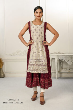 Cotton And Outward Jacket Chanderi Kurti - Cream And Maroon