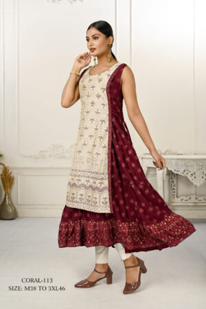 Cotton And Outward Jacket Chanderi Kurti - Cream And Maroon