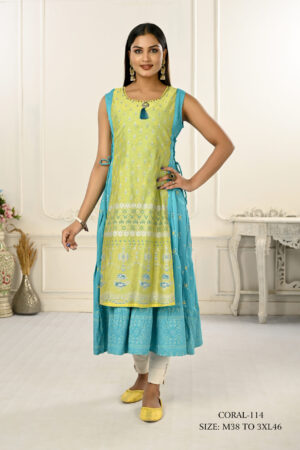 Cotton And Outward Jacket Chanderi Kurti - Liril green & Blue