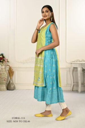 Cotton And Outward Jacket Chanderi Kurti - Liril green & Blue