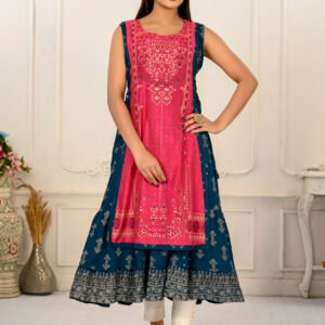 2 Layered Inner Cotton And Outward Jacket Chanderi Kurti - Pink And Blue