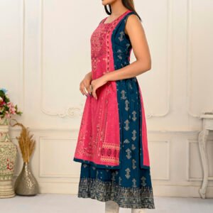 2 Layered Inner Cotton And Outward Jacket Chanderi Kurti - Pink And Blue