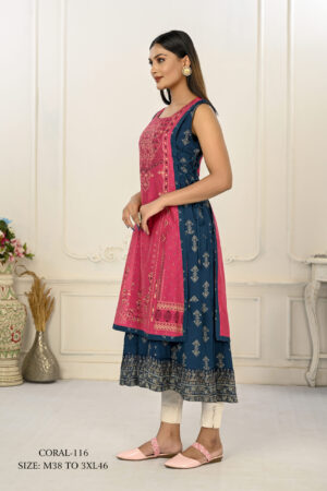 2 Layered Inner Cotton And Outward Jacket Chanderi Kurti - Pink And Blue