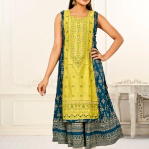 2 Layered Inner Cotton And Outward Jacket Chanderi Kurti - Yellow & Blue