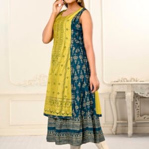 2 Layered Inner Cotton And Outward Jacket Chanderi Kurti - Yellow & Blue