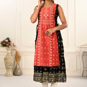 Cotton And Outward Jacket Chanderi Kurti - Orange & Black