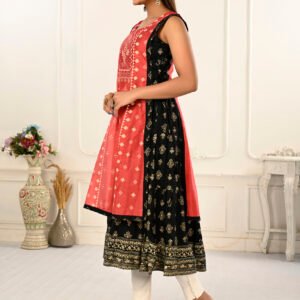 Cotton And Outward Jacket Chanderi Kurti - Orange & Black