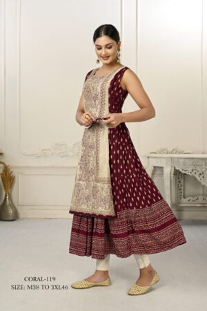 2 Layered Inner Cotton And Outward Jacket Chanderi Kurti - Cream And Maroon