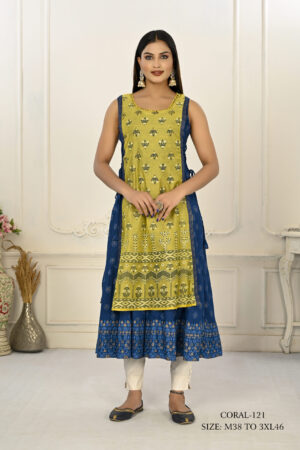 2 Layered Inner Cotton And Outward Jacket Chanderi Kurti - Yellow & Blue