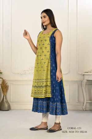 2 Layered Inner Cotton And Outward Jacket Chanderi Kurti - Yellow & Blue