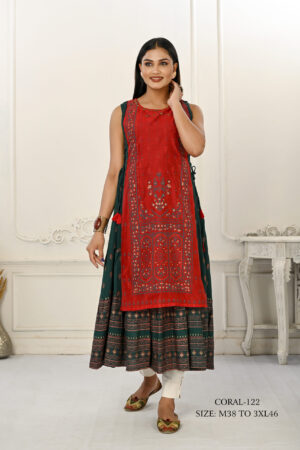 2 Layered Inner Cotton And Outward Jacket Chanderi Kurti - Red And Blue