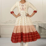 Cotton Handprint Cream & Red Light Embroidery Kurtis