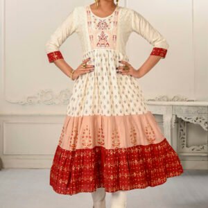 Cotton Handprint Cream & Red Light Embroidery Kurtis