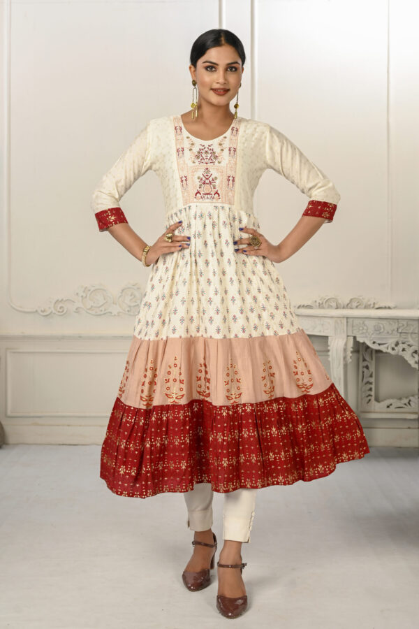 Cotton Handprint Cream & Red Light Embroidery Kurtis