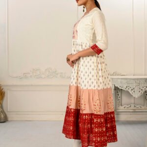 Cotton Handprint Cream & Red Light Embroidery Kurtis