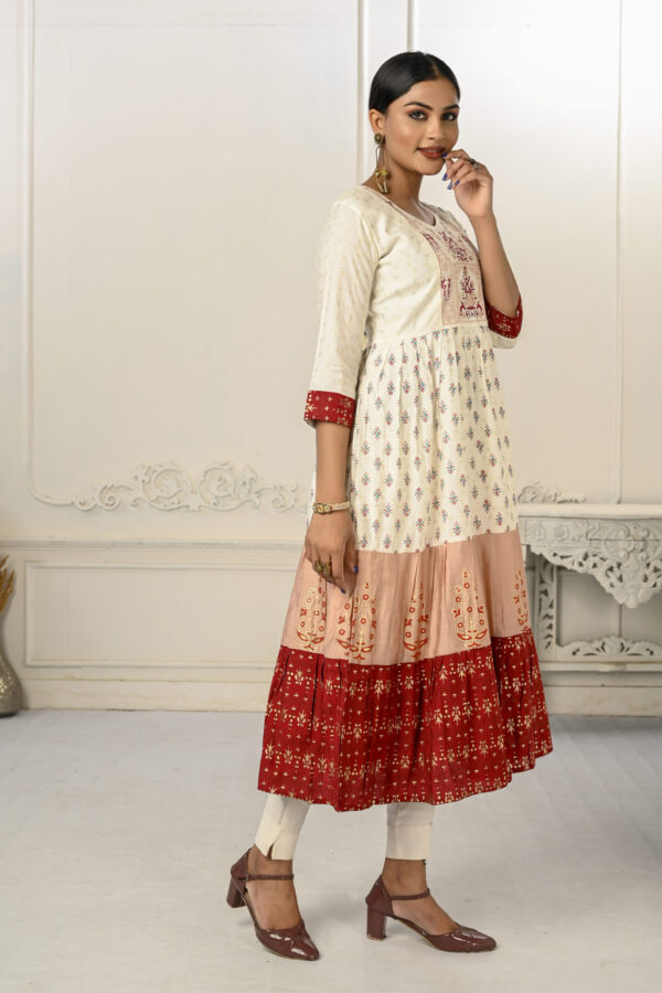 Cotton Handprint Cream & Red Light Embroidery Kurtis