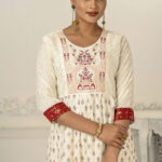 Cotton Handprint Cream & Red Light Embroidery Kurtis