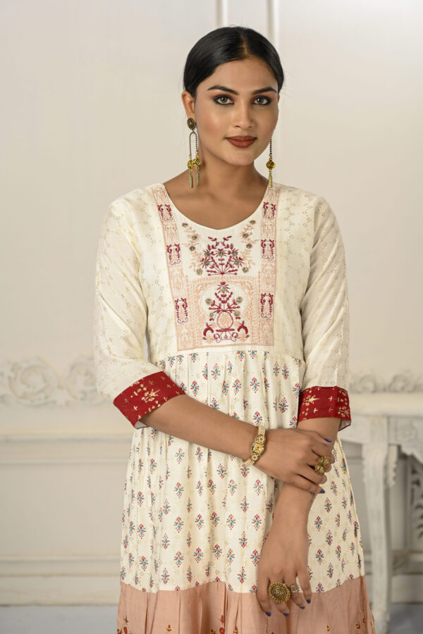 Cotton Handprint Cream & Red Light Embroidery Kurtis