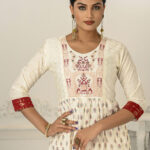 Cotton Handprint Cream & Red Light Embroidery Kurtis