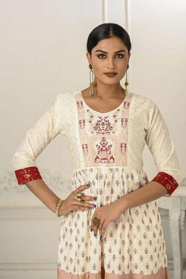 Cotton Handprint Cream & Red Light Embroidery Kurtis