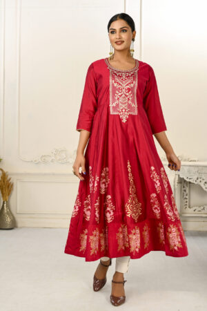 Elegant Cotton Handprint Red Embroidery Kurtis - BUYON