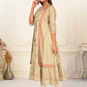 Pista Green Cotton Handprint Kurtis With Light Embroidery - BUYON