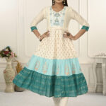 Cream And Blue Cotton Kurtis With Handprint And Light Embroidery