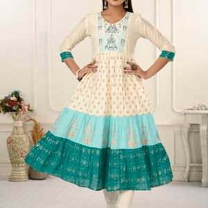 Cream And Blue Cotton Kurtis With Handprint And Light Embroidery