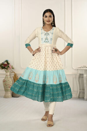 Cream And Blue Cotton Kurtis With Handprint And Light Embroidery