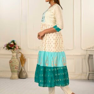 Cream And Blue Cotton Kurtis With Handprint And Light Embroidery