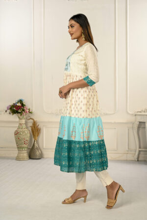 Cream And Blue Cotton Kurtis With Handprint And Light Embroidery