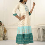 Cream And Blue Cotton Kurtis With Handprint And Light Embroidery