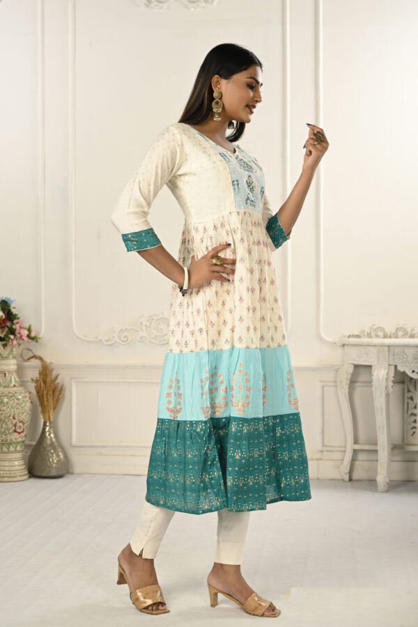 Cream And Blue Cotton Kurtis With Handprint And Light Embroidery