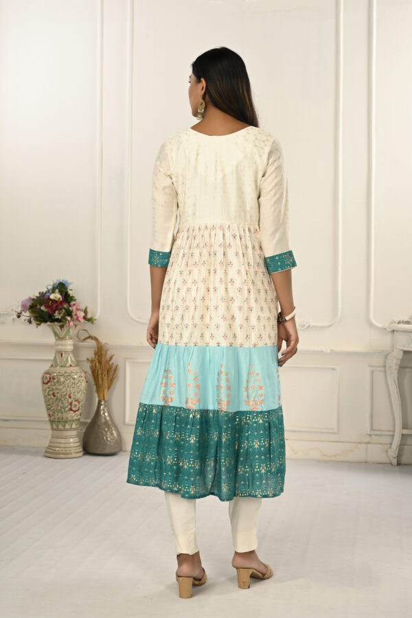 Cream And Blue Cotton Kurtis With Handprint And Light Embroidery