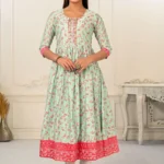 Light Green Cotton Handprint Embroidered Kurtis - BUYON