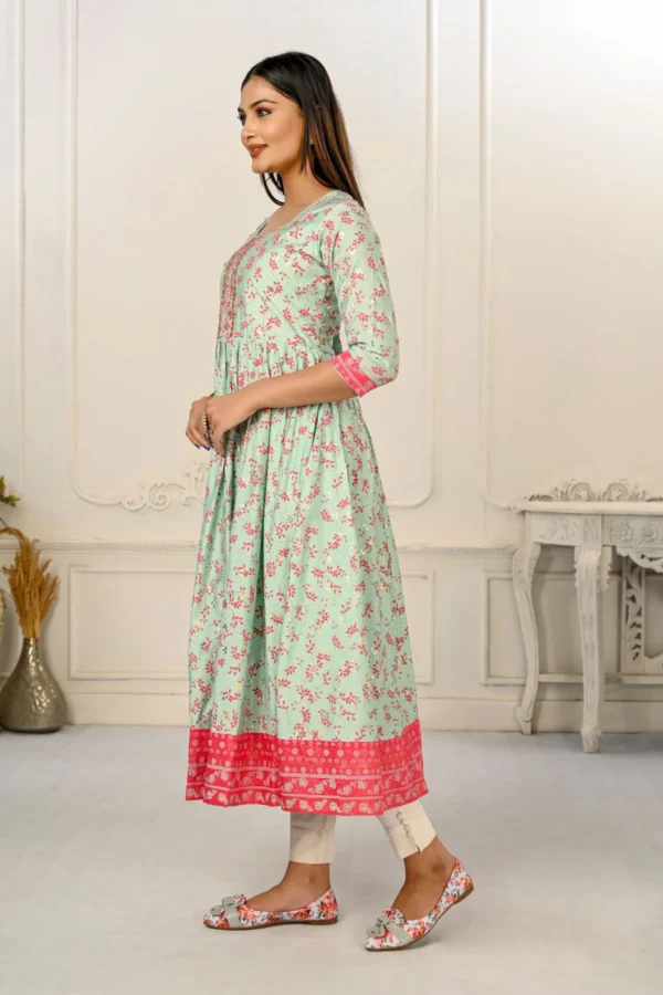 Light Green Cotton Handprint Embroidered Kurtis - BUYON