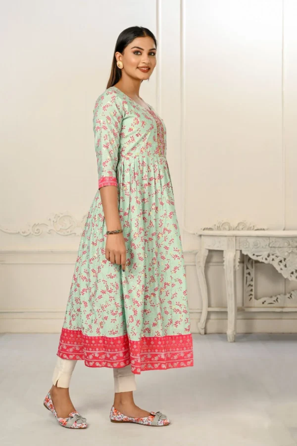 Light Green Cotton Handprint Embroidered Kurtis - BUYON