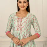 Light Green Cotton Handprint Embroidered Kurtis - BUYON