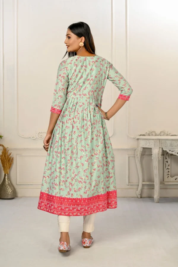 Light Green Cotton Handprint Embroidered Kurtis - BUYON